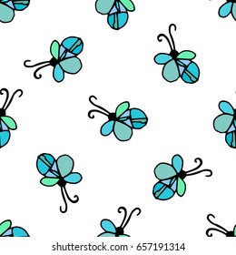 Seamless butterfly cartoon pattern. Cartoon pattern in thin line style. Vector doodle illustration.