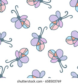 Seamless butterfly cartoon pattern. Butterfly cartoon pattern in thin line style. Multicolor vector doodle illustration.