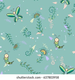 Seamless butterfly and caterpillar  background.