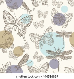 Seamless with butterfly and dragonfly. hand drawn