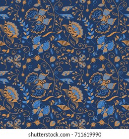 Seamless Butterfly Floral Vine Repeat Pattern / Gold and Blue on Navy Background / Global Colors saved with pattern swatches 
