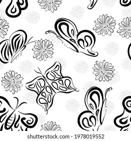 seamless butterfly and flower pattern design,hand drawn butterfly on white background,