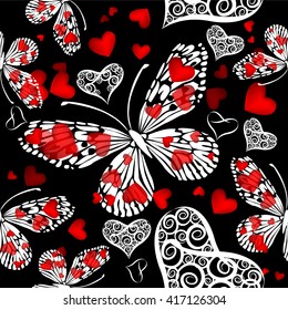 Seamless butterfly with hearts background. Vector