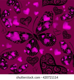 Seamless butterfly with hearts background. Vector