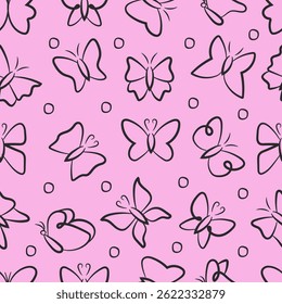 Padrão de desenho de linha borboleta sem costura isolado no fundo rosa.Ilustração vetor