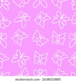 Seamless Butterfly Line Drawing Pattern isolated on pink background.Vector illustration