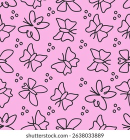 Seamless Butterfly Line Drawing Pattern isolated on pink background.Vector illustration