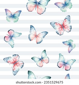 Seamless butterfly moth pattern. Watercolor butterfly vector background. Pastel colors