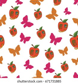 Seamless butterfly pattern and apples. Vector illustration.