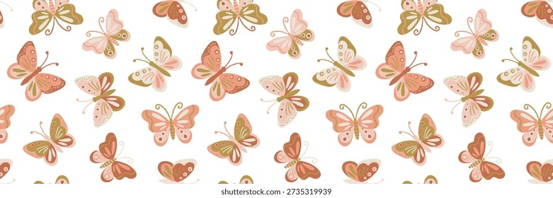 Padrão de borboleta sem costura com boho traças pastel isoladas no fundo branco Insetos desenhados à mão para papel de parede de berçário