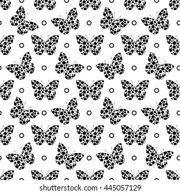 Seamless butterfly pattern. Butterflies made from a black circles on a white background.