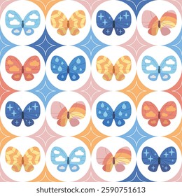 Seamless butterfly pattern with charming weather-themed wings. Aesthetic pastel geometric design. Modern and elegant vector art illustration.