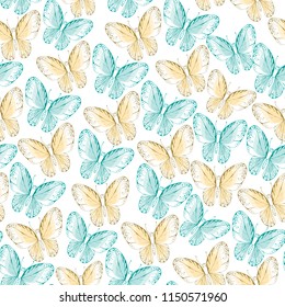 Seamless butterfly pattern. Delicate insect colors for your Design. Wallpaper, curtains, bed linen, paper, covers of writing notebooks. Colorful hand drawn vector stock illustration.