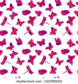 seamless butterfly pattern. , dragonfly. eps10 vector illustration.in purple. hand drawing