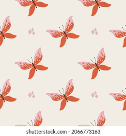 Seamless butterfly pattern with flame print on the wings. Pattern in the style of the 2000s. Cute bright wrapping paper. Modern vector illustration