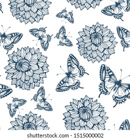 seamless butterfly pattern and flowers on white background, hand drawing style, vector