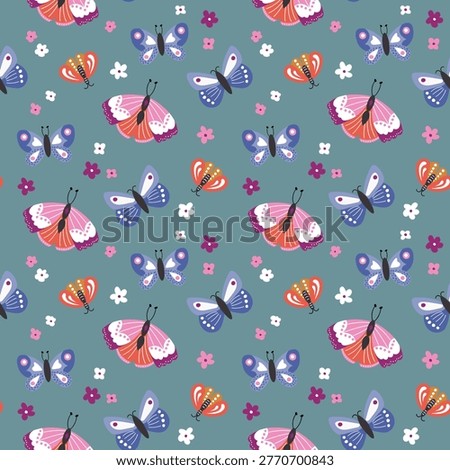 Seamless Butterfly Pattern with Flowers on Blue Background. Cute Nature Design