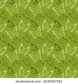 Seamless butterfly pattern in green tones on a green background, for design and printing on paper and fabric.