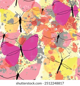 Seamless butterfly pattern with hand drawn art brush background elements in pink, yellow, orange and grey