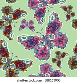 Seamless butterfly pattern mosaic, fabric. Beautiful fashionable ornamental pattern for decoration, scrapbook - stock vector. 