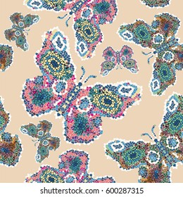 Seamless butterfly pattern mosaic, fabric. Beautiful fashionable ornamental pattern for decoration, scrapbook - stock vector. 