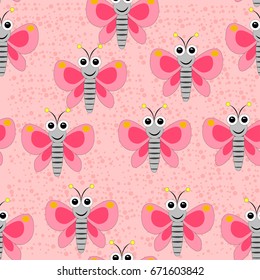 Seamless butterfly pattern on the pink spotted background