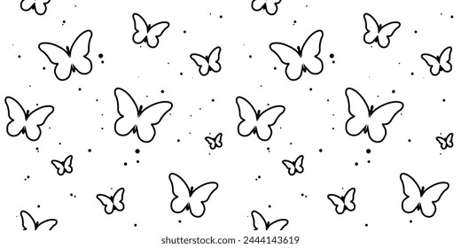 Seamless butterfly pattern. A repetitive cute background with hand-drawn butterflies. The repetitive design of modern colors for prints. black design for a girl. A simple pattern of print, paper