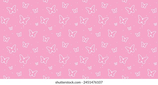 Seamless butterfly pattern. A repetitive cute background with hand-drawn butterflies. The repetitive design of modern colors for prints. pink design for a girl. A simple  barbie background