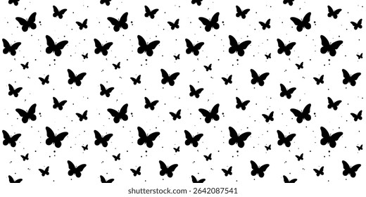 Seamless butterfly pattern. A repetitive cute background with hand-drawn butterflies. The repetitive design of modern colors for print. black design for a girl. A simple pattern of print, paper,  