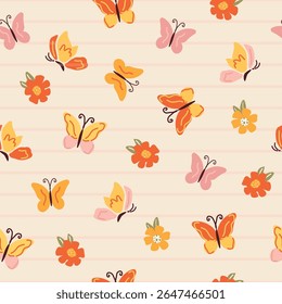 Padrão de borboleta uniforme. Um fundo bonito repetitivo com borboletas desenhadas à mão, flores. O design linear repetitivo de cores rosas modernas para impressão. Design de arte ingênuo para impressão, papel, têxtil