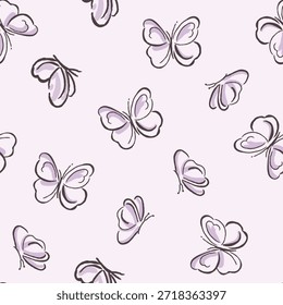Seamless butterfly pattern. A repetitive cute background with hand-drawn butterflies. Purple design for a girl. A simple pattern of paper, textile