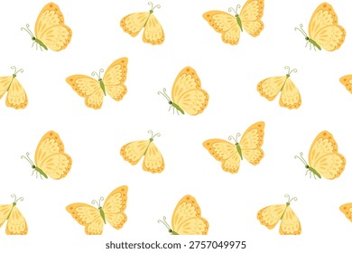 Seamless butterfly pattern with soft orange insects. Light nature repeat background for textile, wrapping and surface design
