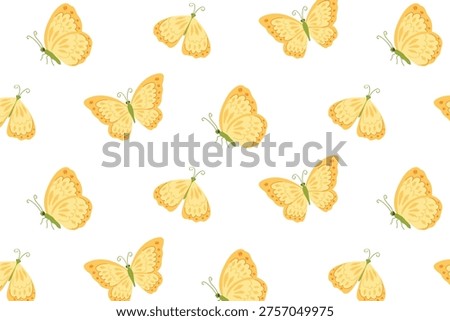 Seamless butterfly pattern with soft orange insects. Light nature repeat background for textile, wrapping and surface design