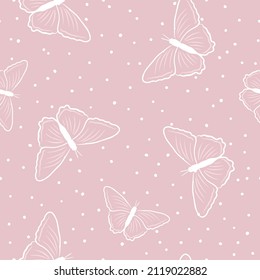 Seamless butterfly pattern in the style of doodles on a pink background. Vector illustration of butterflies for your design.