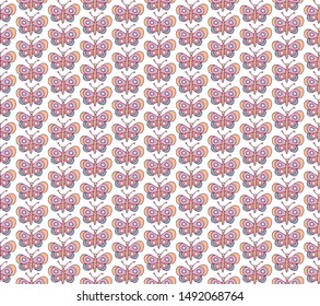 Seamless butterfly pattern in vector. Cute, hand-drawn, children's background for decoration. Cartoon summer stylized ornament. Doodle. Rustic, naive style.