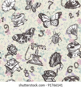 Seamless butterfly retro pattern on floral background
