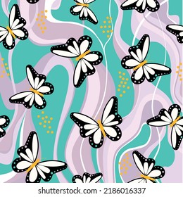 Seamless butterfly with wavy pattern. Vector Illustration.