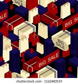 a seamless buying pattern on a black background. packages and boxes. isometric 3d