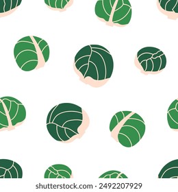 Patrón de repollo sin costuras. Verdura verde, diseño de fondo sin fin para tela, Fondo de pantalla y envoltura. Alimentos frescos saludables de la granja, brote de Bruselas, impresión repetida, textura. Ilustración vectorial plana