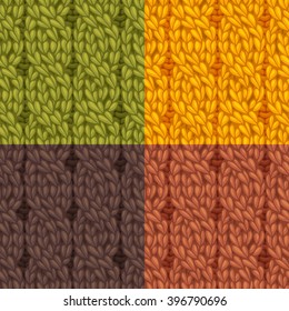 Seamless cables front patterns set. Four-stitch cables, twisting to the left. C4F. Vector colourful knitting texture. High detailed stitches. Can be used for web page backgrounds and wallpapers