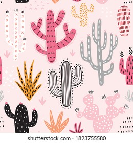 Seamless Cacti pattern. Cute colorful hand drawn background. Vector illustration.