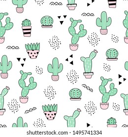 Seamless cacti pattern. Repeating background with cactus in pots and hand drawn elements. Vector illustration