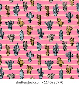 Seamless cactus children drawing pattern multicolor retro style on pink background.