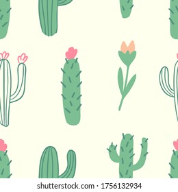 Patrón De Flores De Cactus Sin Margen, Planta Desértica Patern, Ilustración Vectorial EPS 10.