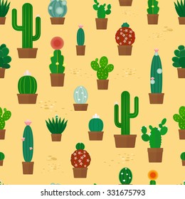 Seamless cactus forest on yellow sand pattern