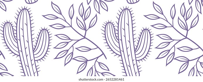 Seamless cactus and leaf line art pattern in minimal style, ideal for botanical wallpaper, desert fabric, nature-inspired wrapping, exotic textile, and stylish decorative backgrounds.