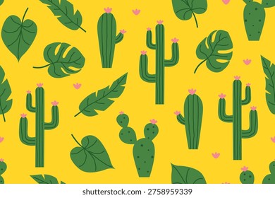 seamless cactus and palm leaves pattern; cute summer botanical background in minimal style- vector illustration