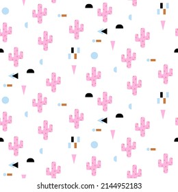 Seamless cactus pattern childish fabric print. White and pink girl background.