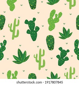 Seamless cactus pattern with colored background. cute repeatable pattern for backdrop, gift wrapping, wallpaper,  fabric print. Vector illustration 
