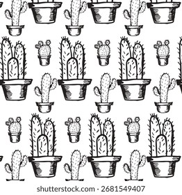 Padrão de cactos sem emenda. Desenho de rabiscar. Plano de fundo para seu design. Ilustração vetorial.